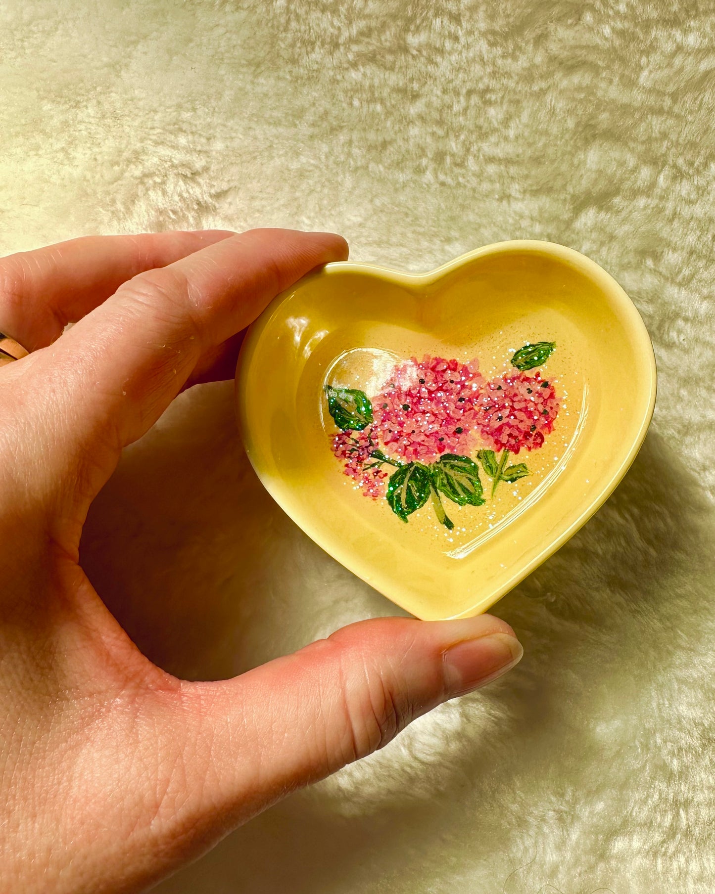Pink Hydrangea on Yellow dish