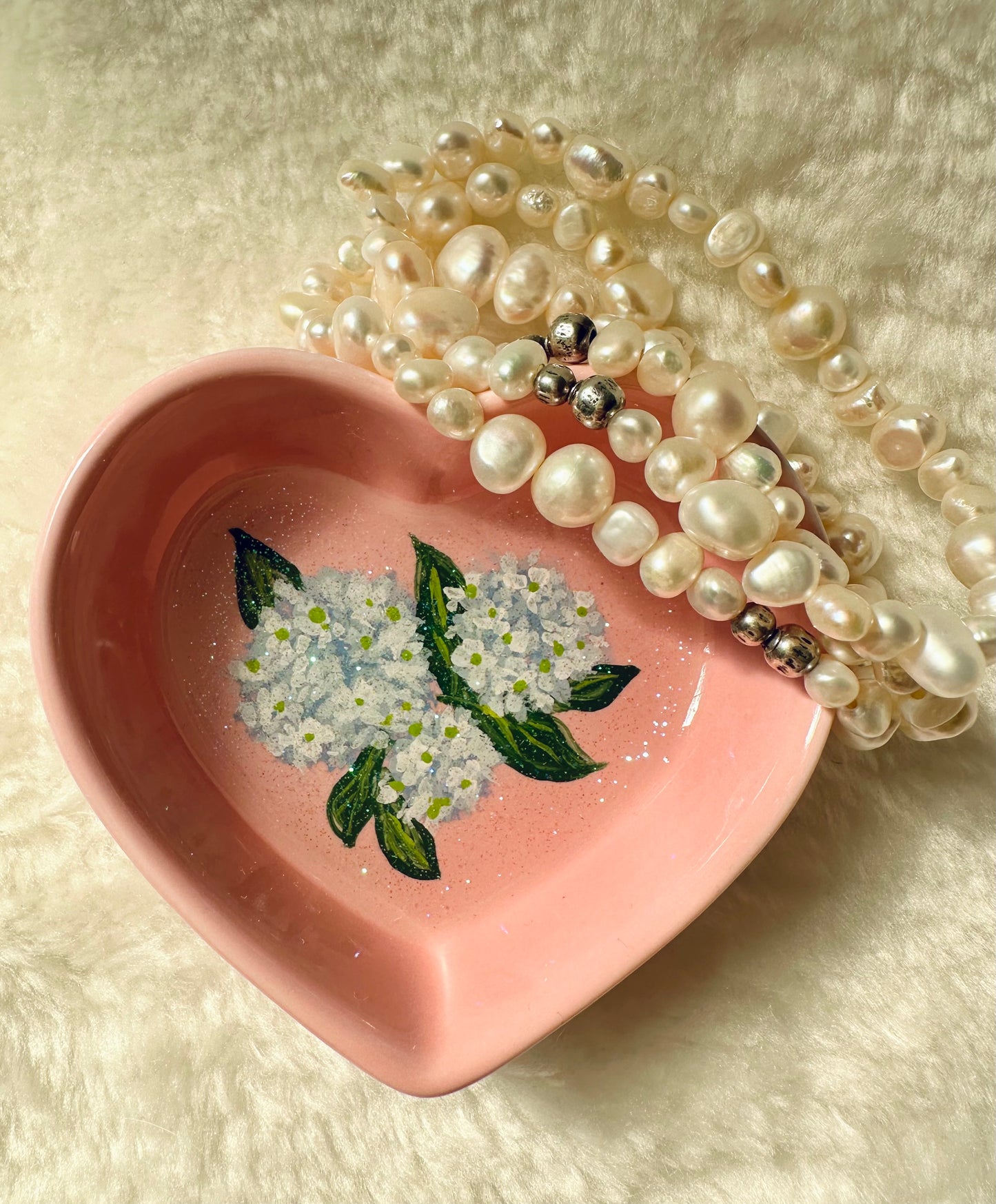 White and Blue Hydrangea on Pink dish