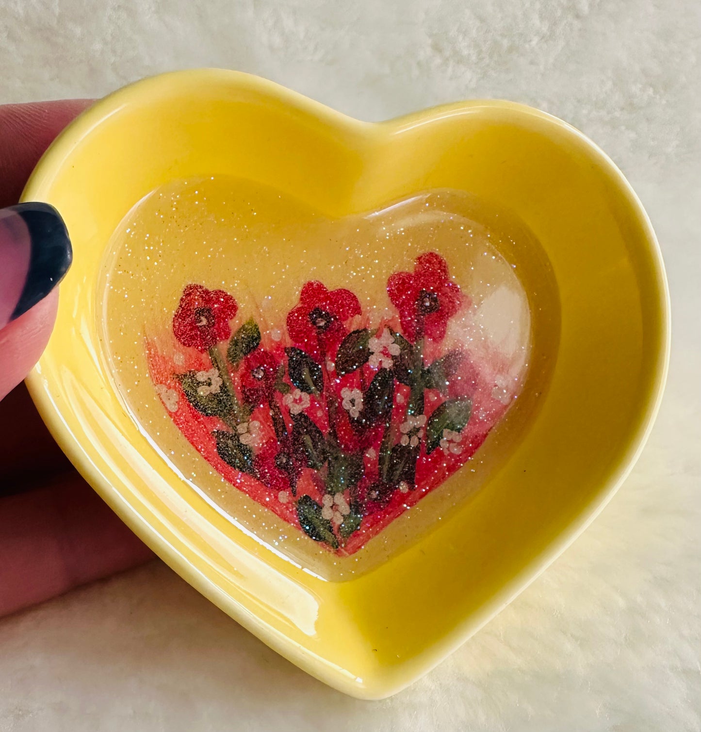 Pink Poppies on Yellow Dish