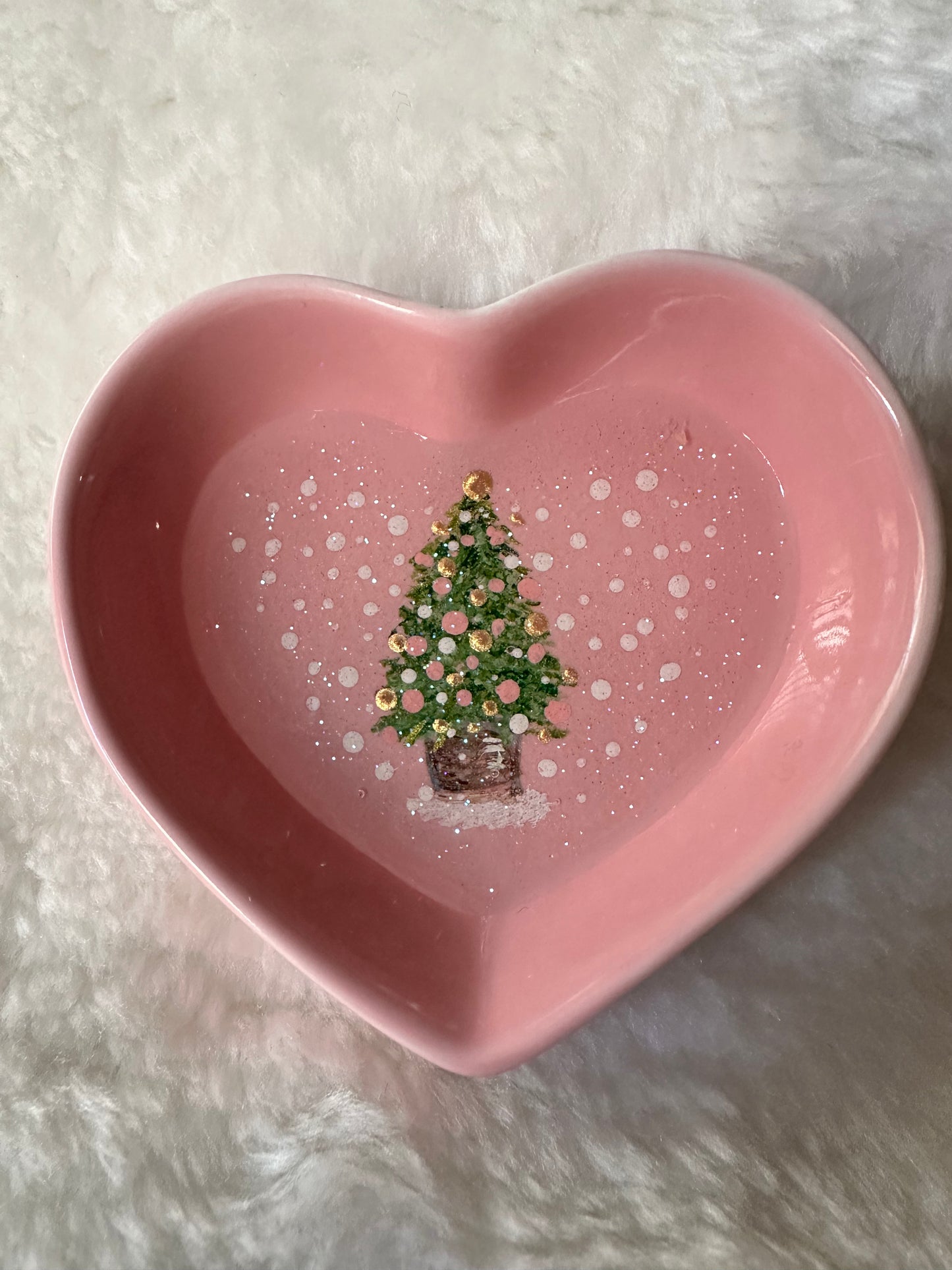 Snow Covered Tree on Pink Dish