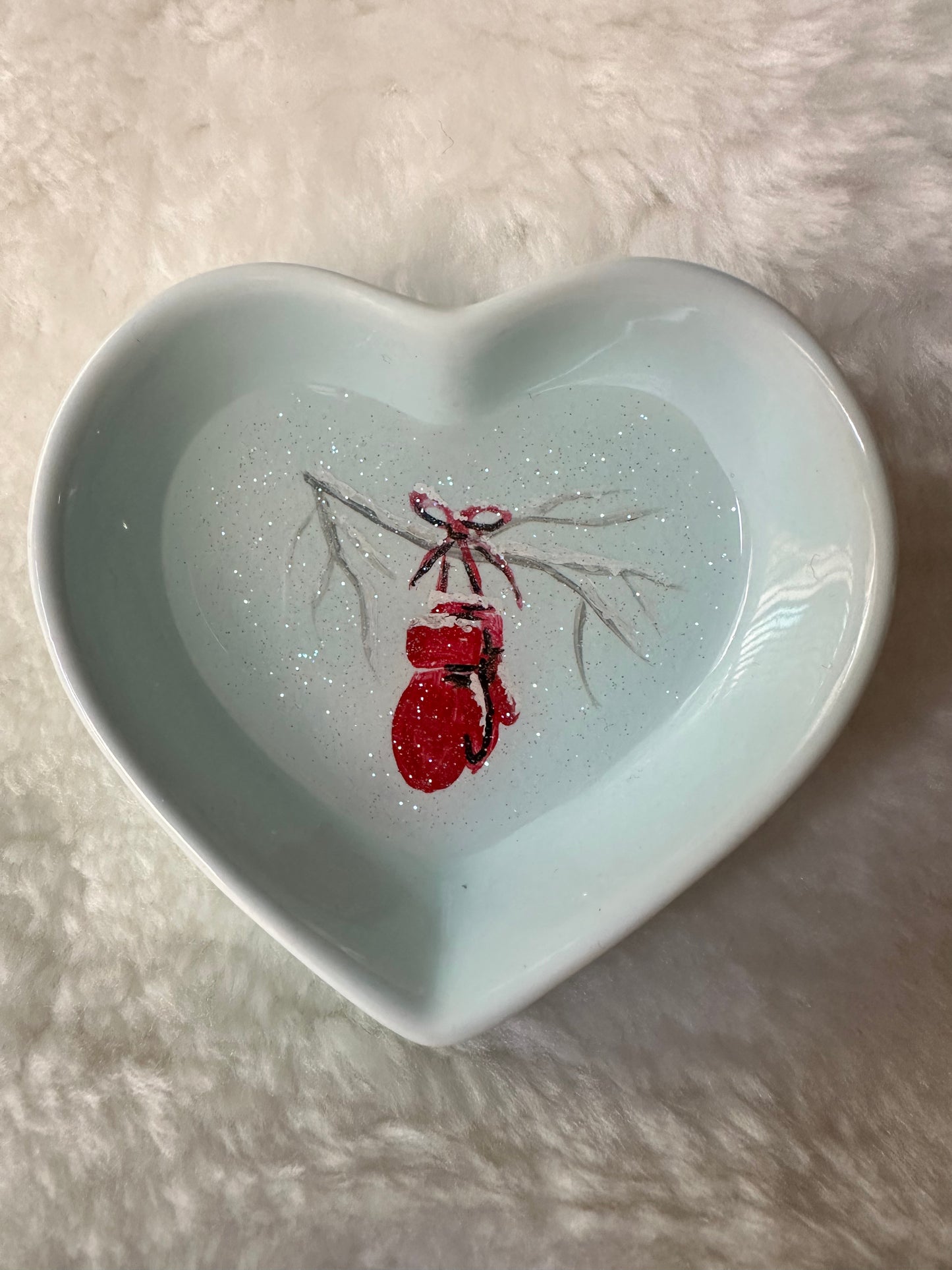 Red Mittens on Mint Dish